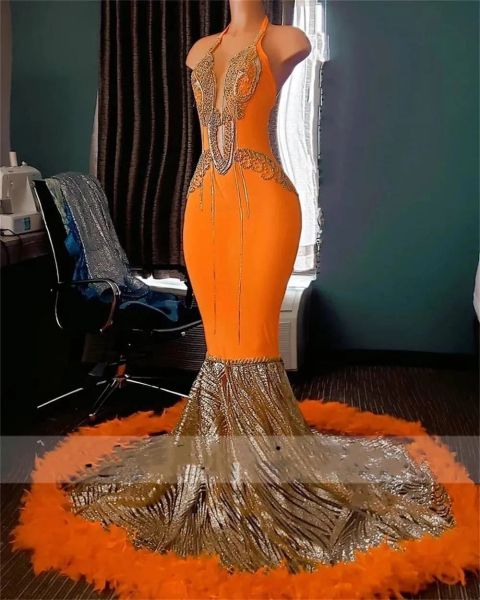 Luxe Sexy sirène robes De bal plumes perles dorées Robe De fête d'anniversaire africaine robes formelles Robe De Bal Aso Ebi sur mesure