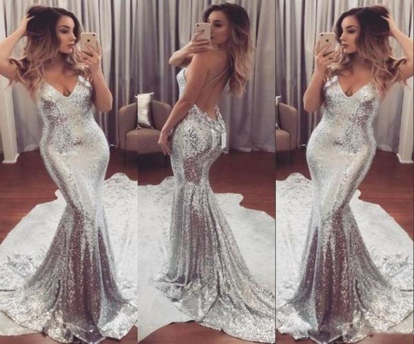 Luxury Sexy Sparkling Prom Robe Backlessless Silver Deep Vneck Open Back Sweep Train Forme Robes Femme Modern Femmes Robes de soirée1120086