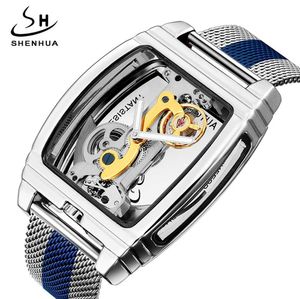 Luxe Shenhua Automatische Mechanische Horloge Mannen Steampunk Skelet Self Winding Lederen Herenklok Horloges Montre Homme Q0902