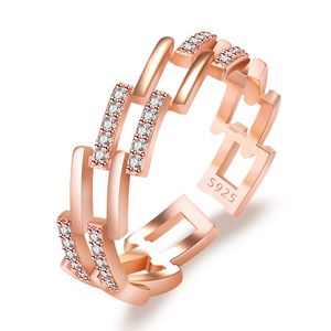 Luxe brillant cristal CZ zircon bande anneaux cerceau double rangée creux belle bague bijoux pour les femmes