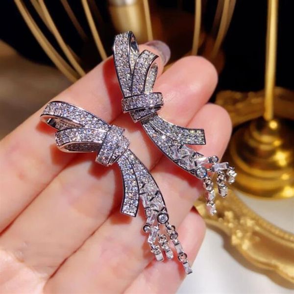 Luxe brillant cristal doux Bowknot Designer boucles d'oreilles long gland pendentif pendentif CZ diamant boucle d'oreille anneaux fête mariage 2887