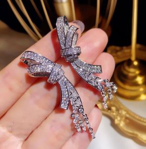 Luxe glanzende kristal zoete bowknot designer Stud -oorbellen lange tassel bengelende hanger cz diamant oorr earringen feestje bruiloft sieraden