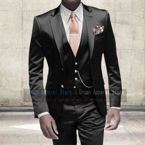 Luxe glanzende zwarte pakken voor mannen slanke fit prom feest bruidegomsmen bruidegom pak tuxedo 3pcs mode gouden blazer vest broeken set 240412