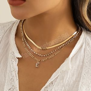 Collar con colgante de letra E de cristal brillante de lujo para mujer, cadena de serpiente de diamante de Metal dorado multicapa 2022, collares de clavícula