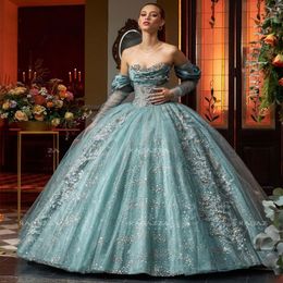 Luxe Glanzende Quinceanera Jurken met 3D Bloemen Crystal Baljurk Sexy Uit de Schouder Giltter Pailletten Prinses Debutante 15 Vestidos