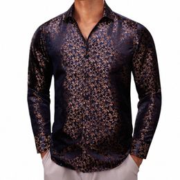 Chemises de luxe pour hommes Soie Lg Manches Bleu Or FR Slim Fit Blouses masculines Casual Tops formels Respirant Barry Wang r1aJ #