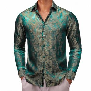 Chemises de luxe pour hommes Soie Lg Manches Vert Or Paisley Slim Fit Blouses masculines Casual Tops formels Respirant Barry Wang j7Ds #