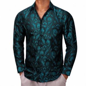 Chemises de luxe pour hommes en soie Lg manches vert Paisley Slim Fit chemisiers masculins décontracté hauts formels respirant Barry Wang A7UH #