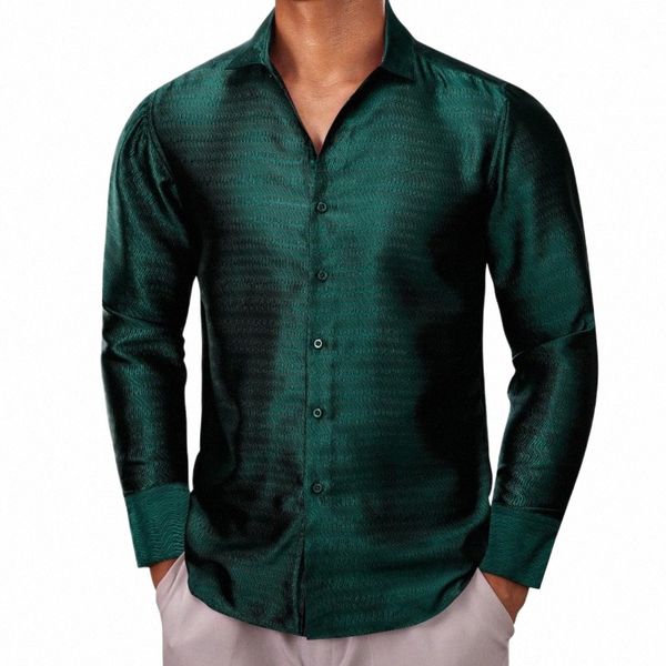 Camisas de lujo para hombres Seda LG Manga Verde Sólido Slim Fit Blusas masculinas Casual Tops formales Transpirable Barry Wang 71xz #