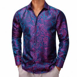 Chemises de luxe pour hommes Soie Lg Manches Violet Bleu Paisley Slim Fit Blouses masculines Casual Tops formels respirant Barry Wang r7rG #