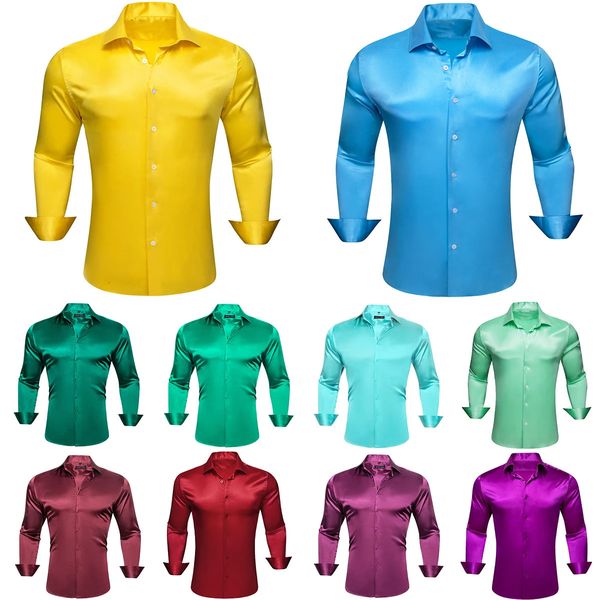 Chemises de luxe pour hommes, en Satin de soie, uni, rouge, vert, jaune, violet, Slim Fit, chemisiers masculins, col rabattu, hauts décontractés, 240219