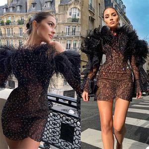 Luxe korte avondjurken Feather Beads Lace lange mouwen prom Pageant jurk robe de mariee sweep trein op maat gemaakte formele feestjurk 2478