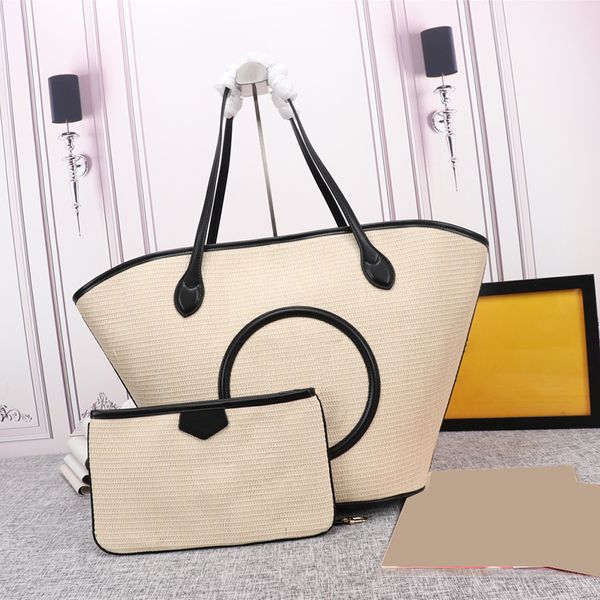 Bolso de hombro de lujo Bolso de playa de diseñador Bolso de embrague informal Bolso decorativo tejido de paja Bolso de cuero Bolso de viaje para mujer Bolso de compras de gran capacidad de alta calidad