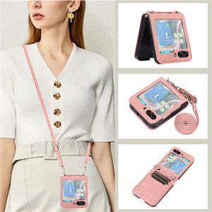 Luxe schoudertas van veganistisch leer Vogue-telefoonhoes voor Samsung Galaxy Folding Z Flip 5 4 3 5G Duurzaam Stevig Lanyard-band Stijlvol Dual Card Slot Portemonnee Vouw Shell Anti-val