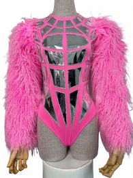 Luxe show Bar Nachtclub Prestaties Roze Stage Dance Bodysuit Grote Bont Glanzend Leer Zanger Kostuum U942 #