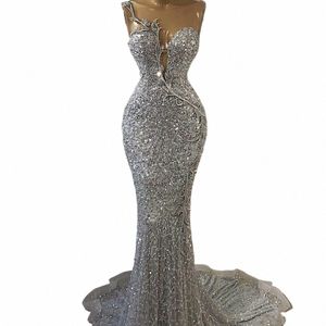 Luxe Sier Crystal Avond Dr 2023 Kant Kralen Mermaid Prom Jassen Sheer Hals Elegante vestido de novia Y5IY #