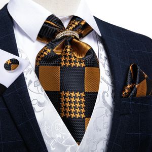 Luxury Silk Ascot Tie Set Gold Black Check Fashion Men Men de mariage Mariage Forme Self British Style Gentleman Cravat DiBangu240409