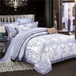 Juego de cama de seda de lujo Jacquard dorado 60S algodón tamaño King Queen juego de cama de encaje funda nórdica de satén almohada de lino sábana textil para el hogar