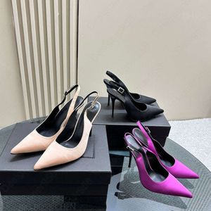 Luxe zijden hoge hakken dames met gespog satijnen puntige tenen stiletto hiel sandalen 10,5 cm designer jurk schoen dinerfeest schoenen fabrieksschoenen schoenen