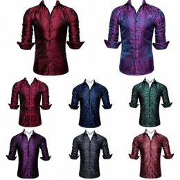 Chemises de luxe en soie pour hommes, rouge, bleu, noir, vert, violet, or, blanc, gris, Paisley, manches LG, coupe régulière, chemisiers décontractés, N9xw #
