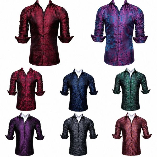 Camisas para hombre de seda de lujo Rojo Azul Negro Verde Púrpura Oro Blanco Gris Paisley Fr LG Manga Regular Slim Fit Blusas casuales N9xw #