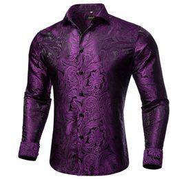 Luxury Silk Polyester Shirts décontractés pour les hommes à manches longues Blouse Prom Tuxedo Formel Purple Paisley Designer Men Vêtements 240430