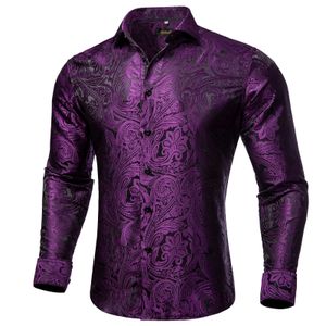 Luxury Silk Polyester Shirts décontractés pour les hommes à manches longues Blouse Prom Tuxedo Formel Purple Paisley Designer Men Vêtements 240430