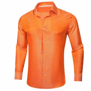 Chemises en soie de luxe pour hommes Satin Orange Solide Lg Manches Slim Fit Mâle Blouse Casual Tops formels Respirant Barry Wang s5RQ #