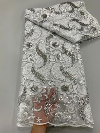 Luxe zilveren Afrikaanse tule kanten vaardige stof hoogwaardige Franse pailletten borduurwerk kanten stof nigeriaan voor bruidsfeestjurk 240417