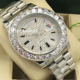 Luxe zilveren Automatische Heren grote Diamanten Horloge Bezel Wijzerplaat DAG-DATUM Man Horloges 43 MM roestvrij staal glinsteren diamanten gezicht dial318w