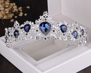 Luxe zilveren barok vergulde blauwe kristallen bruidssets ketting oorbel tiara kroon bruiloft Afrikaanse kralen sieradenset 92QQ7037080