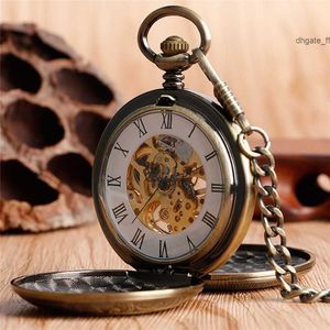 Silty Silver / Bronze / Golden Pocket Watch Vintage Skeleton Hand Winding Mechanical Watches Double Hunter Case FOB Pendant Pendant