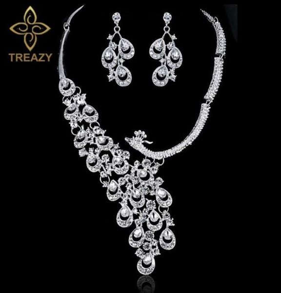 Luxe Argent Couleur Cristal Mariée Ensemble De Bijoux De Mariage Charme Paon Conception Collier Boucles D'oreilles Ensemble Femmes Bijoux De Fête De Mariée D181003140369