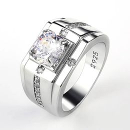 Luxe zilveren kleur ronde kubieke zirkoon ringen voor mannen klassieke huwelijksceremonie ring oogverblindende mannelijke accessoires sieraden