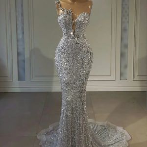 Luxe zilveren kristal avondjurk kant kralen zeemeermin prom toga's pure hals elegante vestido de