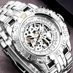 Luxury Silver Gold Automatic mécanical Watch for Men Full Steel Skeleton Horloge de bracelet surdimension