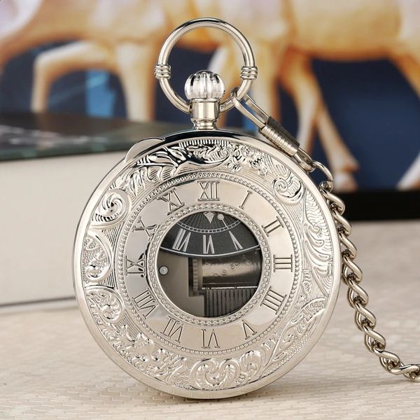 Mouvement musical de luxe Mouvement musical Pocket Watch Quartz Hand Crank jouant de la musique FOB Chaîne Pendante horloge bonne année Cadeaux 240327