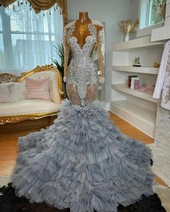 Robe de bal de luxe argentée, col transparent, strass scintillants, manches longues, robes de soirée pour filles noires, 2024