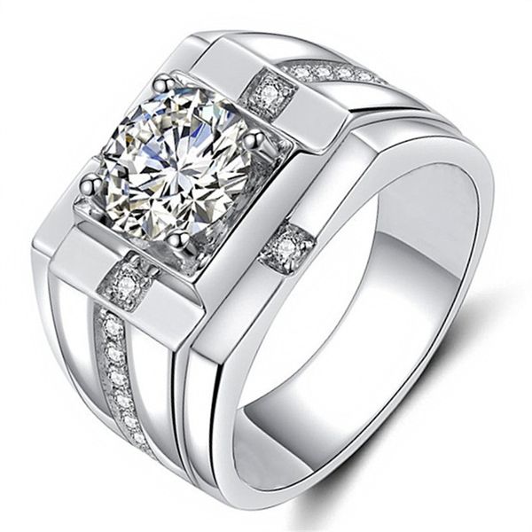 Bagues de luxe rondes en argent et Zircon cubique pour hommes, bague de fiançailles en diamant classique, bijoux éblouissants