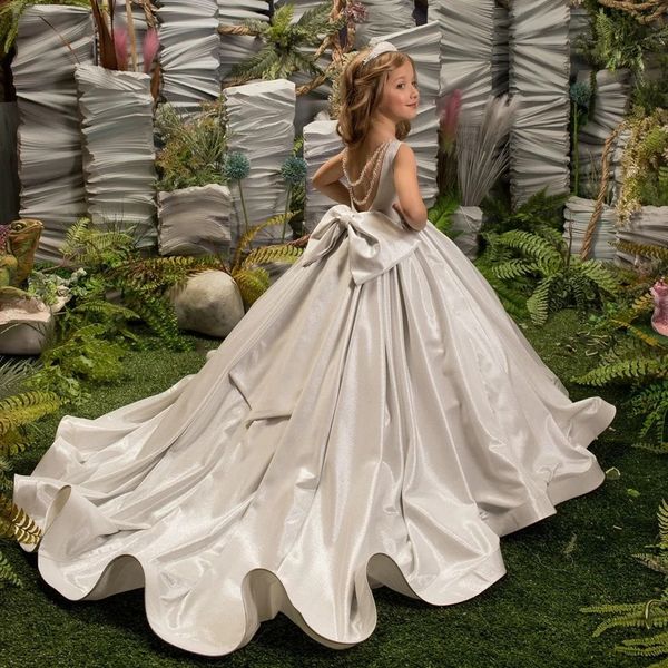 Robes de fille de fleur sans manches argentées de luxe pour le mariage 2023 Princesse Glitter Paillettes Pageant Robes de première communion avec Bow244Y