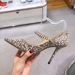 Chaussures de mariage en argent stiletto bout pointu perles perles ornées de talons hauts maryjanes pompes de mariée chaussures femmes