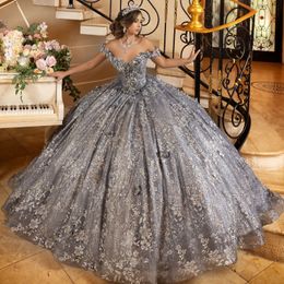 Luxe Zilverkleurige Glanzende Baljurk Quinceanera Jurken 3D Bloemen Applique Tull Bruidsjurk Party Bruid Jurken Vestidos 15 De Anos