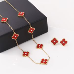 Luxe Enkelzijdig Klavertje Vier Ketting Designer Sieraden Set Oorbellen Hanger Ketting Dames 18K Verguld Roestvrij Staal Merk Bloem Bruiloft Sieraden Geschenken