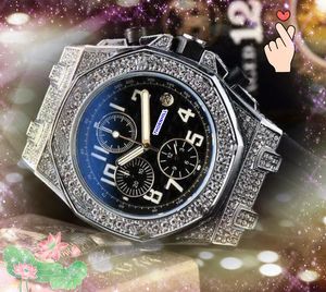 Luxe zes stiches volledige functionele quarz chronograaf horloges mannen automatische datum Black groen rubberen riem diamanten ringbedrijf vrijetijdsbestendig horloge relogio masculino