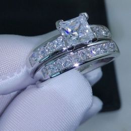 Taille de luxe 5 6 7 8 9 10 Bijoux 10kt or blanc rempli Topaze Princesse coupe diamant simulé Bague de mariage ensemble cadeau avec boîte255p
