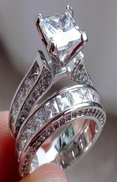 Taille de luxe 5 6 7 8 9 10 Bijoux en or blanc 10 carats rempli de topaze princesse coupée en diamant simulé bague de mariage ensemble cadeau avec boîte19612123766277