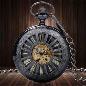 Esfera con mecanismo al descubierto de lujo, funda de líneas oscuras, Reloj de bolsillo mecánico automático, reloj masculino Steampunk, colgante Vintage transparente