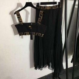 Luxe rokset ontwerper Set mouwloos damesvest top mesh slanke geplooide lange rok tweedelige gedrapeerde pakrokken met hoge taille