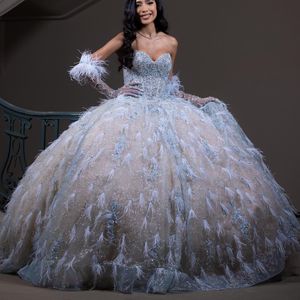 Luxe bleu ciel Champagne épaules dénudées robe De bal Quinceanera robe princesse dentelle perles plume strass robes De 15 Anos