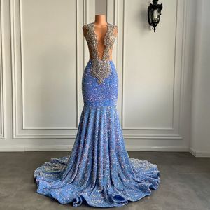 Luxe Sky Blue Long Prom Birthday Dress 2023 Sexy Mermaid Style Sheer Mesh Luxe Silver Diamond Black Girls Lover Pageant Evening Gown Robe de Soiree